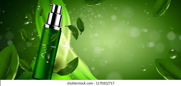 Luxury cosmetic Bottle package skin care cream, Green tea serum set, Beauty cosmetic product poster, with Bokeh and Water background