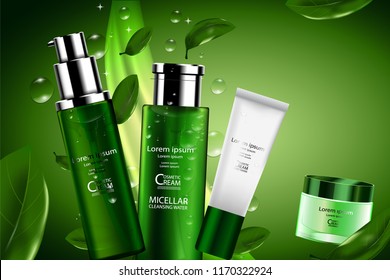Luxury cosmetic Bottle package skin care cream, Green tea serum set, Beauty cosmetic product poster, with Bokeh and Water background