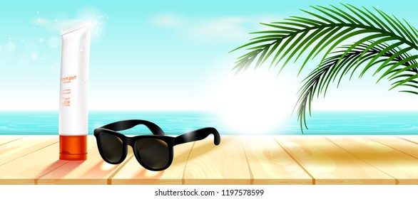 Luxury cosmetic Bottle package skin care cream, Beauty cosmetic product poster, sunblock and sunglasses with beach background
