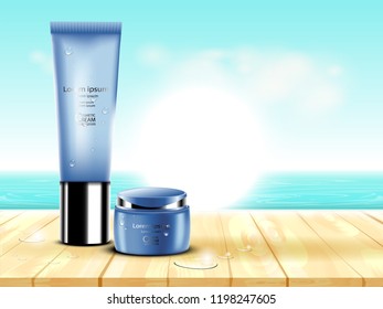 Luxury cosmetic Bottle package skin care cream, Beauty cosmetic product poster, with wooden floor and sunlight beach background