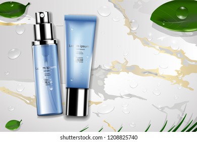 Luxury cosmetic Bottle package skin care cream, Beauty cosmetic product poster, with marble and leaves background