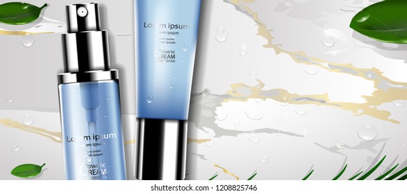 Luxury cosmetic Bottle package skin care cream, Beauty cosmetic product poster, with marble and leaves background