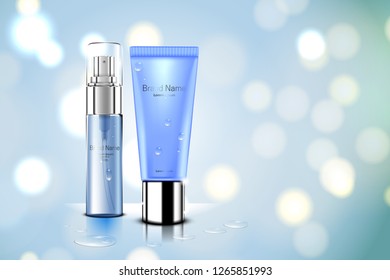 Luxury cosmetic Bottle package skin care cream, Beauty cosmetic product poster, with Bokeh and Water background