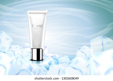 Luxury cosmetic Bottle package skin care cream, Beauty cosmetic product poster, with Bokeh and ice background