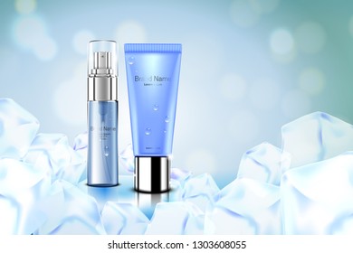 Luxury cosmetic Bottle package skin care cream, Beauty cosmetic product poster, with Bokeh and ice background