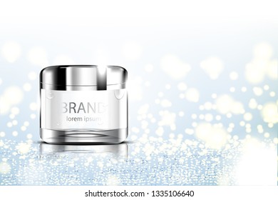 Luxury cosmetic Bottle package skin care cream, Beauty cosmetic product poster, with Bokeh and Glitter on blue background