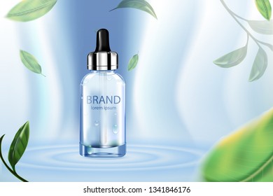 Luxury cosmetic Bottle package skin care cream, Beauty cosmetic product poster, with Green tea and water on blue background