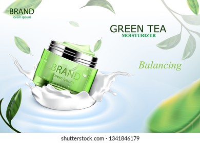 Luxury cosmetic Bottle package skin care cream, Beauty cosmetic product poster, with Green tea and water on blue background