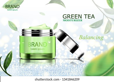 Luxury cosmetic Bottle package skin care cream, Beauty cosmetic product poster, with Green tea and Glitter on blue background