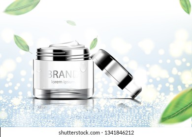 Luxury cosmetic Bottle package skin care cream, Beauty cosmetic product poster, with Green tea and Glitter on blue background