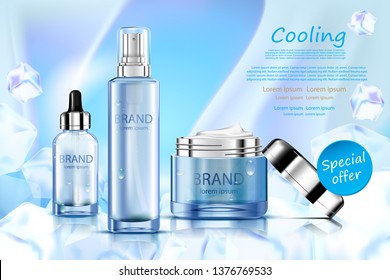 Luxury cosmetic Bottle package skin care cream, Beauty cosmetic product poster, with Bokeh and ice background