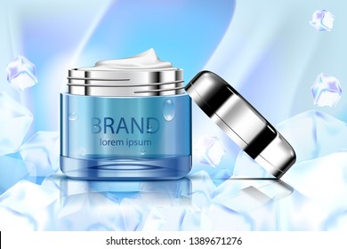 Luxury cosmetic Bottle package skin care cream, Beauty cosmetic product poster, with Bokeh and ice background
