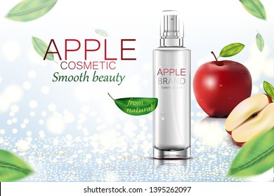 Luxury cosmetic Bottle package skin care cream, Beauty cosmetic product poster, Apples and leaves on glitter background