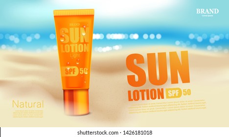 Luxury cosmetic Bottle package skin care cream, Sun screen bottle UV block, Beauty cosmetic product poster, with bokeh beach background