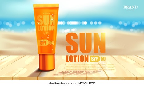 Luxury cosmetic Bottle package skin care cream, Sun screen bottle UV block, Beauty cosmetic product poster, with bokeh beach background