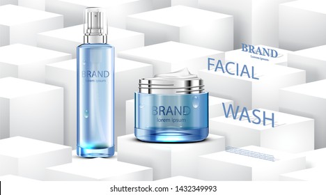Luxury cosmetic Bottle package skin care cream, Beauty cosmetic product poster, with cube and white background