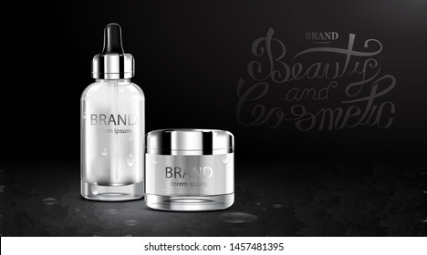 Luxury cosmetic Bottle package skin care cream, Beauty cosmetic product poster, with water drop and black background