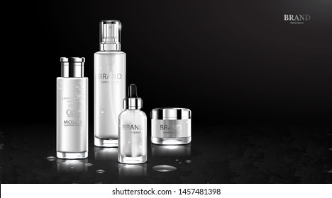 Luxury cosmetic Bottle package skin care cream, Beauty cosmetic product poster, with water drop and black background