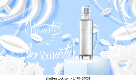 Luxury cosmetic Bottle package skin care cream, Beauty cosmetic product poster, with white paper craft background