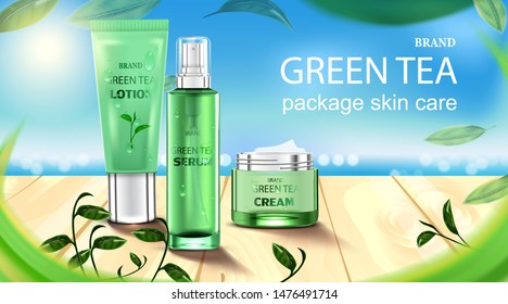 Luxury cosmetic Bottle package skin care cream, Beauty cosmetic product poster, with Green tea and wooden floor on beach background