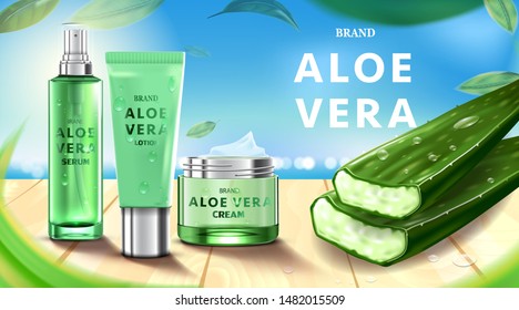 Luxury cosmetic Bottle package skin care cream, Beauty cosmetic product poster, with Aloe vera and wooden floor on beach background