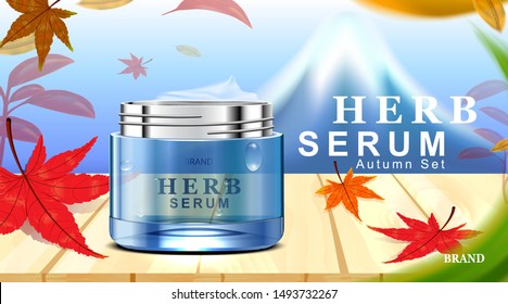Luxury cosmetic Bottle package skin care cream, Beauty cosmetic product poster, with Fuji mountain and maple leaves on wooden floor background, Autumn season in japan