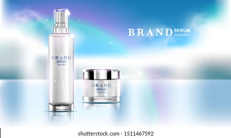 Luxury cosmetic Bottle package skin care cream, Beauty cosmetic product poster, on blue cloudy sky and reflex river background, 3d illustration