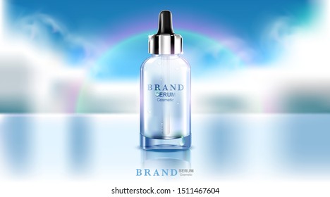 Luxury cosmetic Bottle package skin care cream, Beauty cosmetic product poster, on blue cloudy sky and reflex river background, 3d illustration