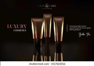 Luxury cosmetic bottle package skin care cream. Face mask, beauty cosmetic product poster, banner or website page header. Black and gold cosmetics package template. Tube golden design commercial