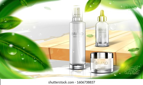 Luxury cosmetic Bottle package skin care cream, Beauty cosmetic product poster, with Green tea leaves and natural green color background