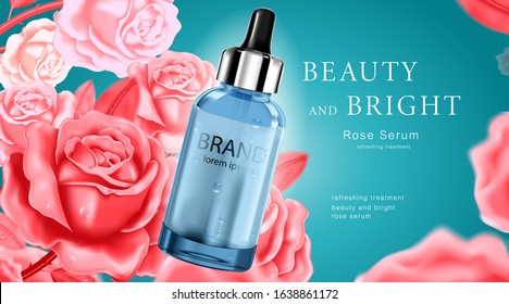 Luxury cosmetic Bottle package skin care cream, Beauty cosmetic product poster, with Rose and blue color background