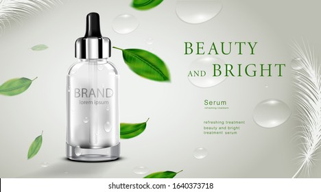 Luxury cosmetic Bottle package skin care cream, Beauty cosmetic product poster, with water drop and green leaves on white color background