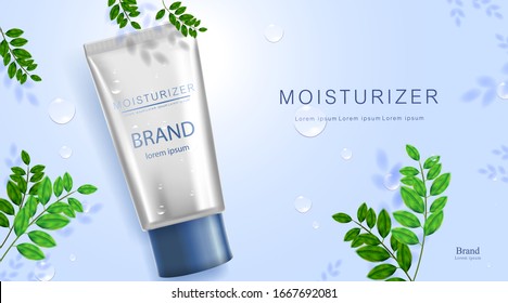 Crema de cuidado de la piel de la botella de lujo, afiche de productos cosméticos de Beauty, con hojas de sombra en la pared y fondo de color azul