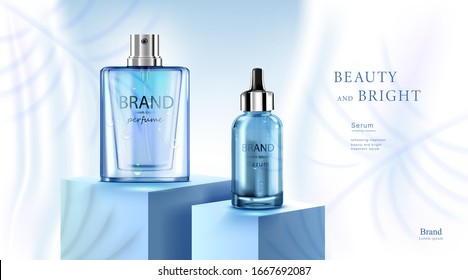 Luxury Cosmetic Bottle Package Skin Care Cream, Beauty Cosmetic Product Poster, With Leaves Shadow On Wall And Blue Color Background