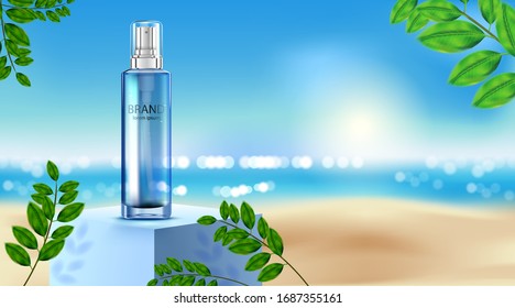 Luxury cosmetic Bottle package skin care cream, Beauty cosmetic product poster, Leaves and beach background