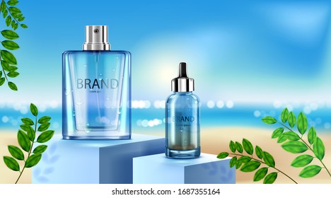 Luxury cosmetic Bottle package skin care cream, Beauty cosmetic product poster, Leaves and beach background