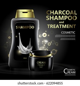 Luxury cosmetic Bottle package skin care cream, Charcoal face mask, Beauty cosmetic product poster, with bokeh background
