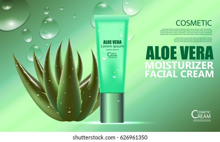 Luxury cosmetic Bottle package skin care cream, aloe vera moisturizer facial gel, Beauty cosmetic product poster, with bokeh and water drop background