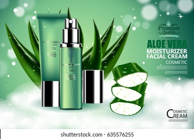 Luxury cosmetic Bottle package skin care cream, aloe vera moisturizer facial gel, Beauty cosmetic product poster, with bokeh and water drop background