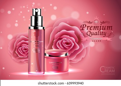 Luxury cosmetic Bottle package skin care cream, Beauty cosmetic product poster, with Rose and Bokeh background