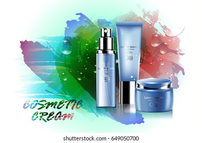 Luxury cosmetic Bottle package skin care cream, Beauty cosmetic product poster, with watercolor and water drop background
