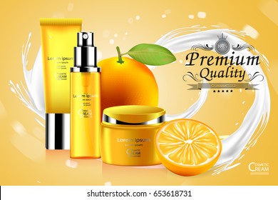 Luxury cosmetic Bottle package skin care cream, Beauty cosmetic product poster, with Bokeh and orange background