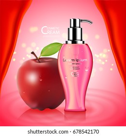 Luxury cosmetic Bottle package skin care cream, Apple cream and gel, Beauty cosmetic product poster, with Bokeh background