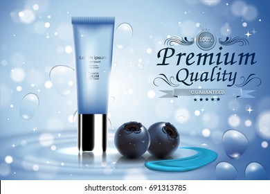 Luxury cosmetic Bottle package skin care cream, Beauty cosmetic product poster, Concept berry fruit