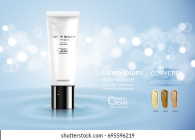 Luxury Cosmetic Bottle Package Skin Care Cream, Beauty Cosmetic Product Poster, With Bokeh And Water Background