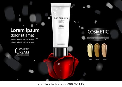 Luxury cosmetic Bottle package skin care cream, Beauty cosmetic product poster, with Bokeh and Rose background