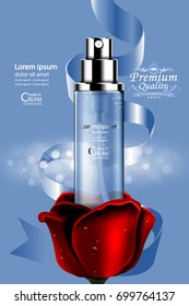 Luxury cosmetic Bottle package skin care cream, Beauty cosmetic product poster, with Bokeh and Rose background