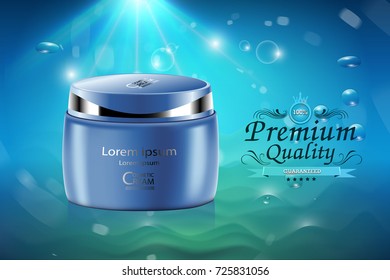 Luxury cosmetic Bottle package skin care cream, Beauty cosmetic product poster, with Bokeh and Water background