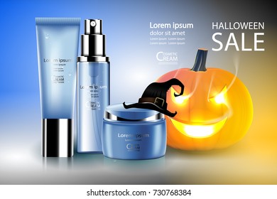 Luxury cosmetic Bottle package skin care cream, Beauty cosmetic product poster, with halloween background