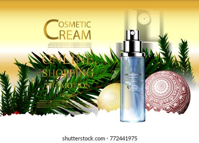 Luxury cosmetic Bottle package skin care cream, Beauty cosmetic product poster, with christmas background